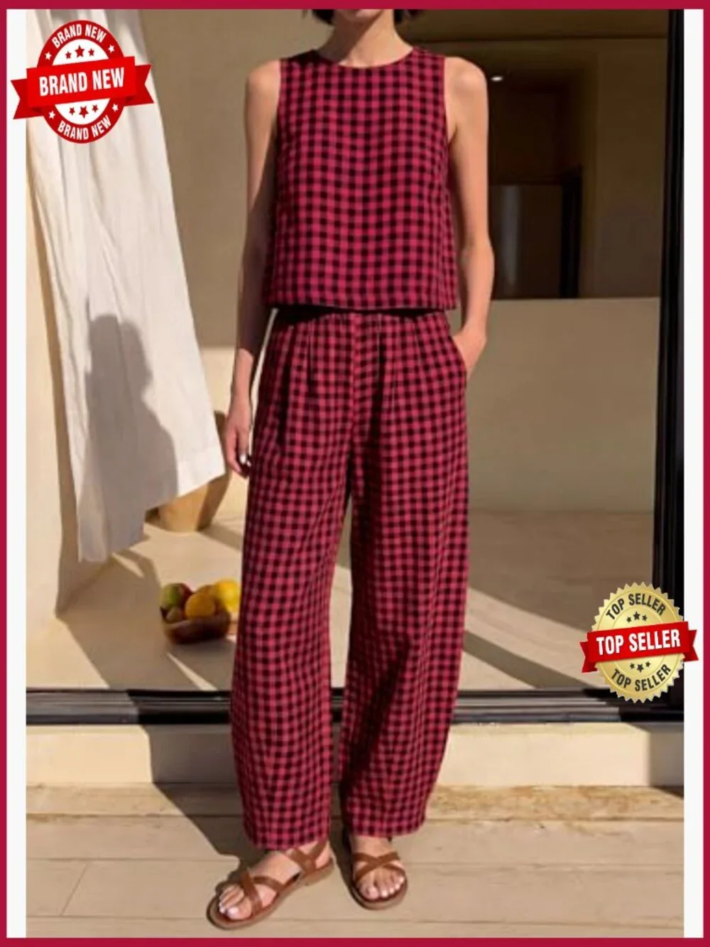 Women's 2 Piece Lounge Set Sleeveless Top Wide Leg Pants Matching Outfit